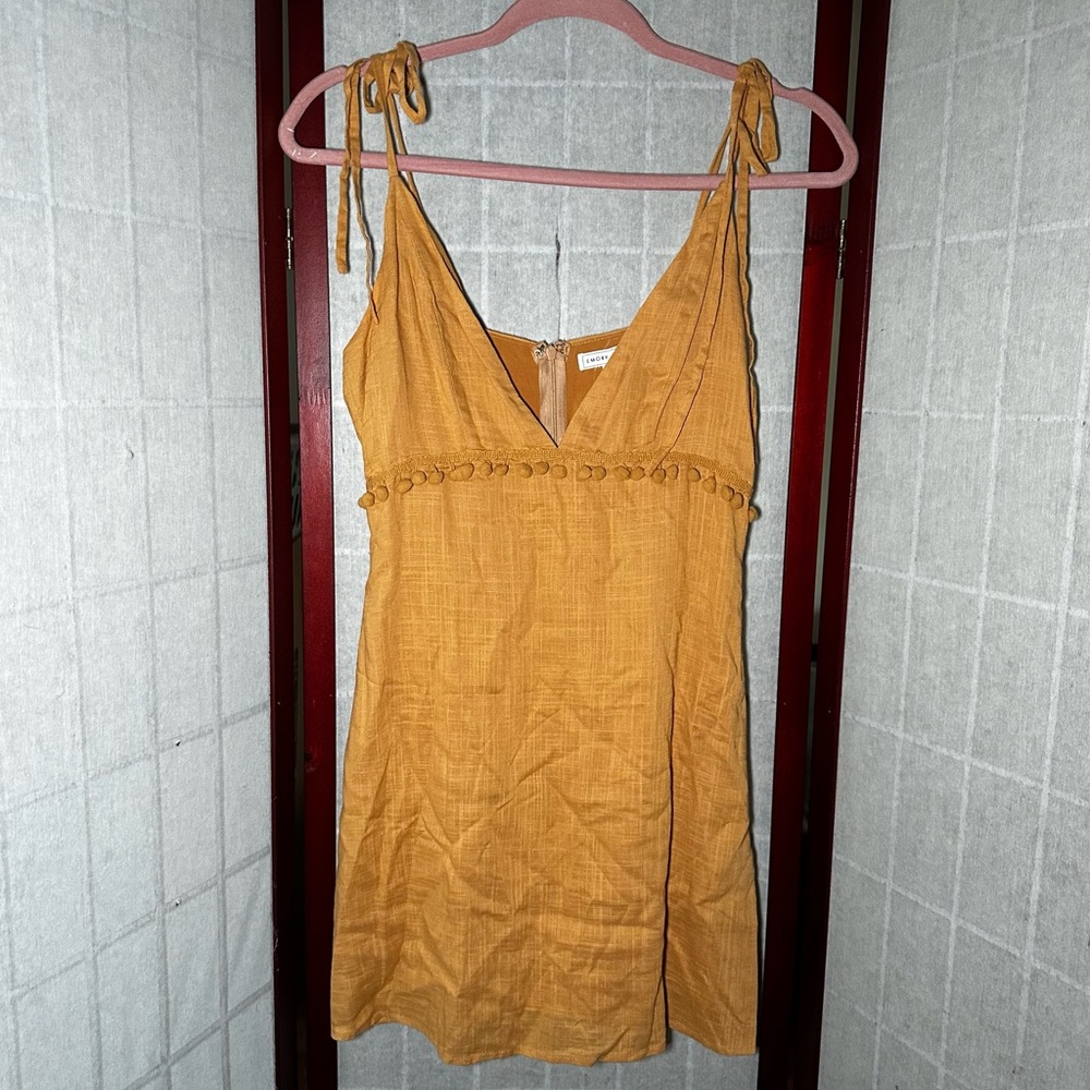 Emory Park Women Mustard Yellow preowned pom pom boho mini dress small